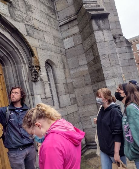 Global Navigator Program Leader speaking to students outside Dublin chapel